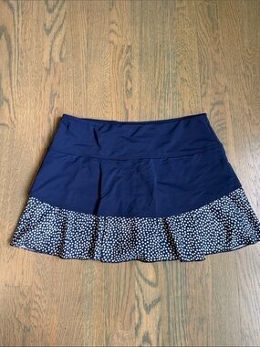 Navy Circle Tennis Skirt with Polka Dot Ruffle